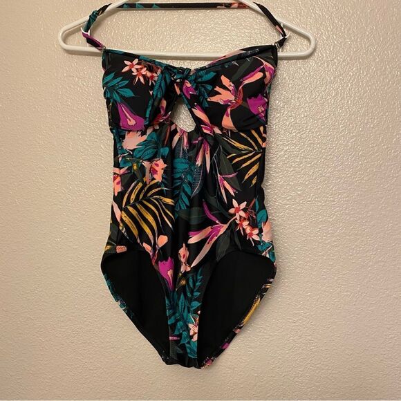 OLD NAVY Womens Swimsuit front tie Cut Out black Tropical One Piece Padded -XS - Picture 1 of 11